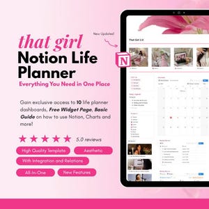 May include: A digital tablet displays a Notion Life Planner interface with a pink and white aesthetic. The screen shows a calendar, widgets, and various planning tools. Text on the screen includes "that girl Notion Life Planner" and "Everything You Need in One Place."