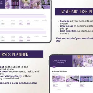 May include: Digital academic planner interface with a purple and white color scheme. The interface includes sections for assignments, courses, and task management. Text includes "hot girl study hard what? Like it's hard?" and "you're moving forward."