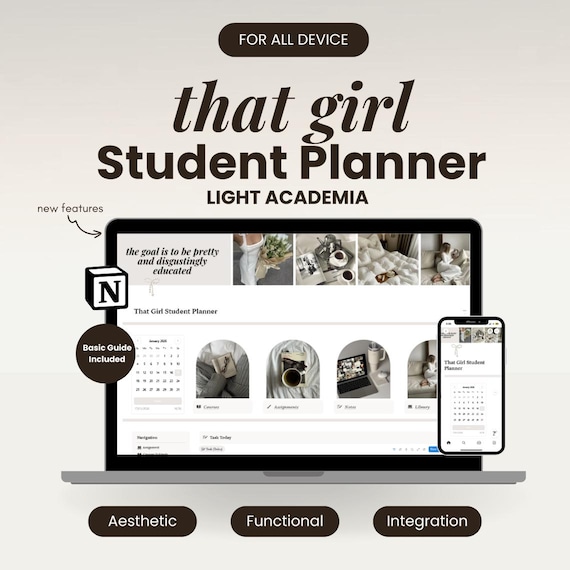 Notion Student Planner: Light Academia Dashboard (Digital Download
