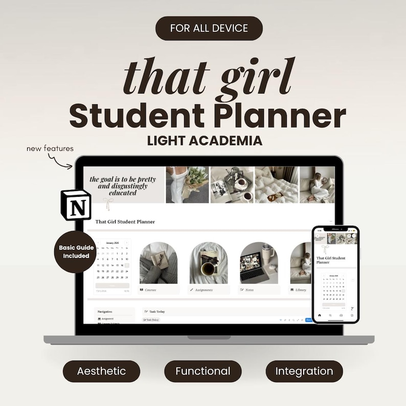 以下が含まれることがあります： ラップトップとスマートフォンには、「that girl Student Planner LIGHT ACADEMIA」というテキストが表示されたデジタル学生プランナーが表示されています。ラップトップの画面にはカレンダーと画像が表示されています。スマートフォンは同様のインターフェースを表示します。画像には「Aesthetic」、「Functional」、「Integration」という単語が含まれています。