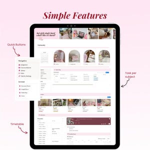 Peut inclure: Une tablette num&eacute;rique affichant une interface de planificateur d'&eacute;tudes rose et blanche. L'&eacute;cran pr&eacute;sente des fonctionnalit&eacute;s telles que des boutons rapides, la navigation, un emploi du temps et l'organisation des t&acirc;ches. Le texte "Simple Features" et "hot girls study hard what? like it's hard?" sont visibles.