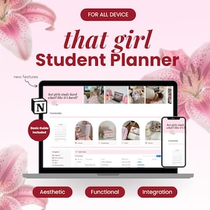 Op de afbeelding: Esthetische studentenplanner weergegeven op een laptop en smartphone. De planner heeft een roze en wit ontwerp met de tekst "that girl Student Planner". Extra tekst bevat "For All Device", "New Features" en "Basic Guide Included".