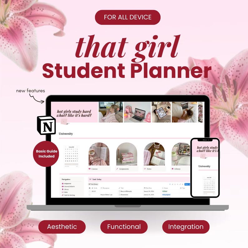Peut inclure: Planificateur &eacute;tudiant esth&eacute;tique affich&eacute; sur un ordinateur portable et un smartphone. Le planificateur pr&eacute;sente un design rose et blanc avec le texte "that girl Student Planner". Le texte suppl&eacute;mentaire comprend "For All Device", "New Features" et "Basic Guide Included".