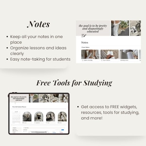 以下が含まれることがあります： デジタル学習ツールを宣伝する画像。 「Notes」というテキストと、ノート機能について説明する箇条書きが表示されたプランナーインターフェースを備えたタブレットが特徴です。 画像には、「Free Tools for Studying」というテキストと利点のリストが表示されたタブレットも表示されています。