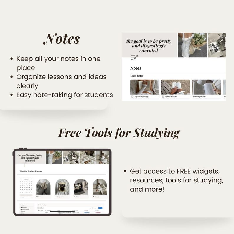 以下が含まれることがあります： デジタル学習ツールを宣伝する画像。 「Notes」というテキストと、ノート機能について説明する箇条書きが表示されたプランナーインターフェースを備えたタブレットが特徴です。 画像には、「Free Tools for Studying」というテキストと利点のリストが表示されたタブレットも表示されています。