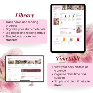 Peut inclure: Deux tablettes affichent des interfaces de planificateur num&eacute;rique. L'une montre une interface de biblioth&egrave;que avec des fonctionnalit&eacute;s de suivi des livres, et l'autre affiche une mise en page d'emploi du temps pour organiser les cours. Le texte de l'image dit "Library" et "Timetable".