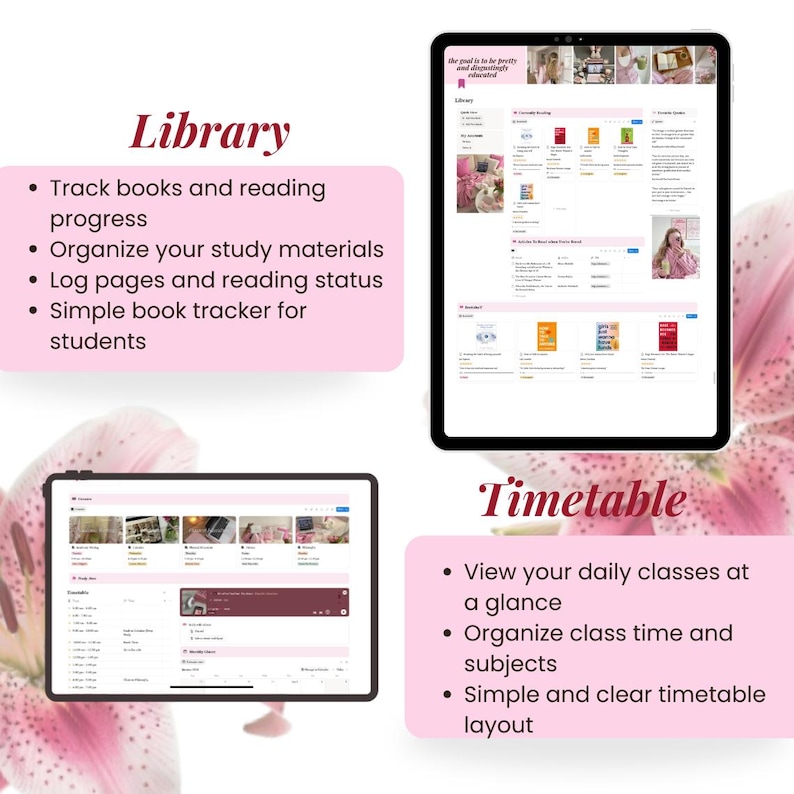 Peut inclure: Deux tablettes affichent des interfaces de planificateur num&eacute;rique. L'une montre une interface de biblioth&egrave;que avec des fonctionnalit&eacute;s de suivi des livres, et l'autre affiche une mise en page d'emploi du temps pour organiser les cours. Le texte de l'image dit "Library" et "Timetable".