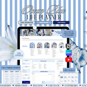 May include: A digital Ocean Blue Life Planner template featuring a blue and white striped background, a central tablet display showing organizational pages, 2026 updates, Notion, Canva, and YouTube icons, plus text labels for features and folder stickers.