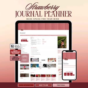 May include: A digital Strawberry Journal Planner displayed on a tablet and smartphone screen. The interface features a red gingham header, a journal section, and text including "Made for Notion," "Basic Instruction Included," and "Canva Templates Included."