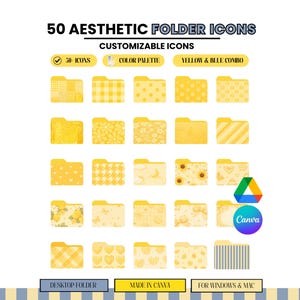 May include: An image showcasing 50 aesthetic folder icons in shades of yellow. The text reads "50 Aesthetic Folder Icons" and "Customizable Icons". The icons are designed for desktop use and are made in Canva, with a yellow and blue colour scheme.