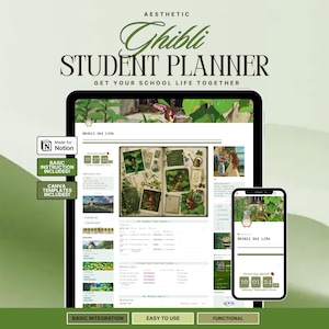 Può includere: Un modello di pianificatore studentesco digitale per Notion visualizzato su un tablet e uno smartphone. L'interfaccia presenta accenti verdi, immagini ispirate a Ghibli e testo che include AESTHETIC GHIBLI STUDENT PLANNER e Made for Notion.