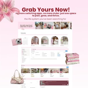 Peut inclure: L'image pr&eacute;sente un appareil photo num&eacute;rique rose, une pile de livres et un sac &agrave; main. Le texte comprend "Grab Yours Now!" et "hot girls study hard what? like it's hard?". Le th&egrave;me sugg&egrave;re l'organisation et la planification.