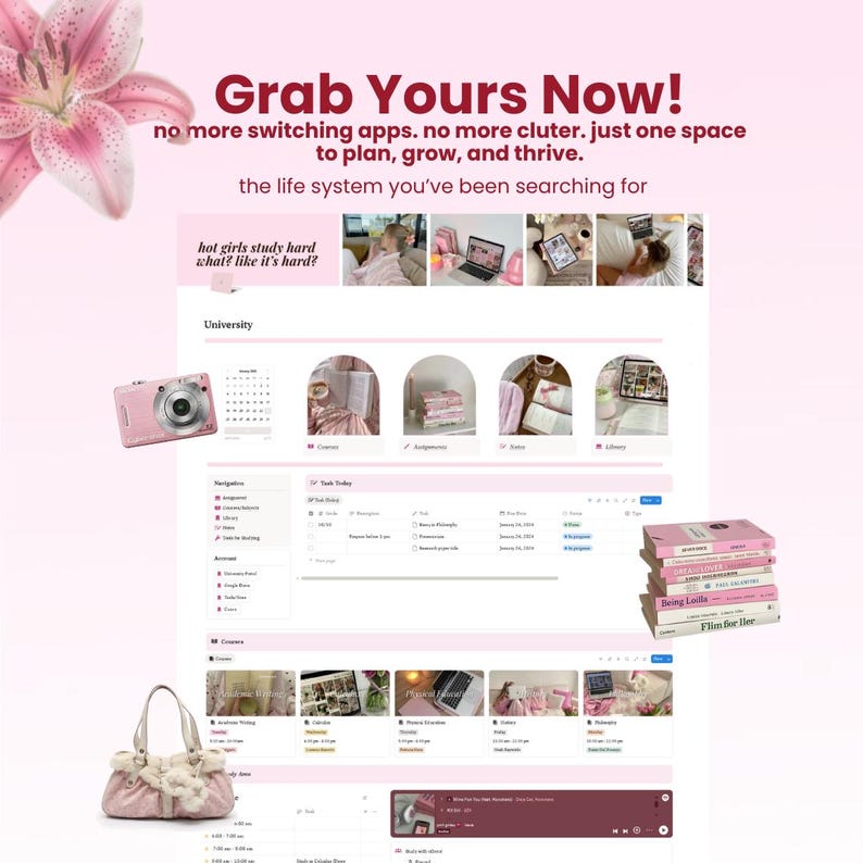 Peut inclure: L'image pr&eacute;sente un appareil photo num&eacute;rique rose, une pile de livres et un sac &agrave; main. Le texte comprend "Grab Yours Now!" et "hot girls study hard what? like it's hard?". Le th&egrave;me sugg&egrave;re l'organisation et la planification.