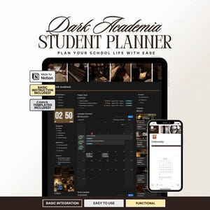 Op de afbeelding: Een digitale studentenplanner met een dark academia-thema, weergegeven op een tablet en smartphone. De tablet toont een kalenderinterface, terwijl de telefoon een universitaire kalender weergeeft. Tekst bevat "Dark Academia Student Planner" en "Plan Your School Life With Ease."