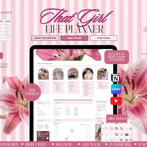 May include: A digital planner called "That Girl Life Planner" against a pink and white striped backdrop. Features include Canva templates, video tutorials, and folder stickers. The planner is designed to be easy to use, customizable, and functional.