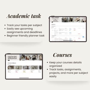 以下が含まれることがあります： 「Academic task」のテキストと機能を説明する箇条書きがあるデジタルプランナーインターフェース。2つのタブレットにはプランナーレイアウトが表示され、1つは「daily reminder」、もう1つは「Courses/Subjects」です。「Courses」のテキストも表示されます。