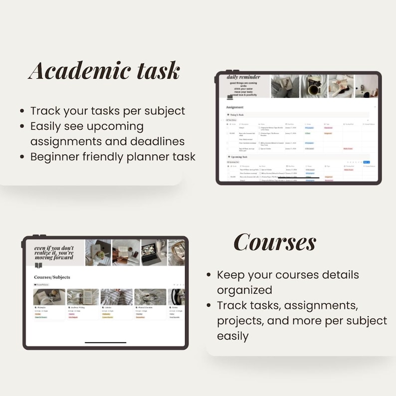 以下が含まれることがあります： 「Academic task」のテキストと機能を説明する箇条書きがあるデジタルプランナーインターフェース。2つのタブレットにはプランナーレイアウトが表示され、1つは「daily reminder」、もう1つは「Courses/Subjects」です。「Courses」のテキストも表示されます。
