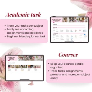 Peut inclure: Capture d'&eacute;cran d'une interface de planificateur num&eacute;rique sur une tablette, avec le texte "Academic task" et des puces d&eacute;crivant les fonctionnalit&eacute;s. L'image montre &eacute;galement une section "Courses" avec des fonctionnalit&eacute;s d'organisation. Fond rose.