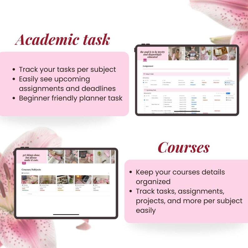 Peut inclure: Capture d'&eacute;cran d'une interface de planificateur num&eacute;rique sur une tablette, avec le texte "Academic task" et des puces d&eacute;crivant les fonctionnalit&eacute;s. L'image montre &eacute;galement une section "Courses" avec des fonctionnalit&eacute;s d'organisation. Fond rose.
