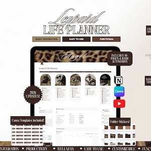 May include: Digital leopard print Life Planner with the text "Leopard Life Planner". Features include basic integration, easy to use, and functional. Includes Canva templates, 2026 updates, and video tutorials.