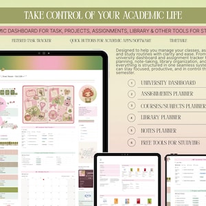 May include: A digital academic dashboard displayed on three tablet screens, featuring a task tracker, course planner, library organizer, and study tools. The interface includes text labels like University Dashboard, Assignments Planner, and Quick Buttons.