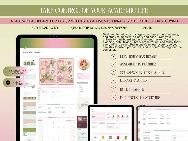 May include: A digital academic dashboard displayed on three tablet screens, featuring a task tracker, course planner, library organizer, and study tools. The interface includes text labels like University Dashboard, Assignments Planner, and Quick Buttons.