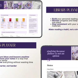 May include: Digital library and notes planner interface displayed on a tablet. The interface features a library section with book covers and a notes section with study tips. Text includes "Library Planner" and "Notes Planner". The color scheme is purple and white.