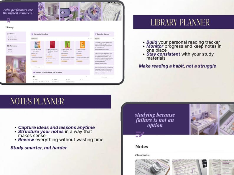 May include: Digital library and notes planner interface displayed on a tablet. The interface features a library section with book covers and a notes section with study tips. Text includes "Library Planner" and "Notes Planner". The color scheme is purple and white.
