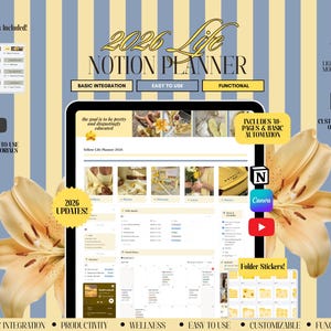 May include: A digital planner interface on a tablet, with the text "2026 Notion Planner." The design includes Canva templates, video tutorials, and folder stickers. The background has a striped pattern in blue and yellow, with a yellow flower on each side.