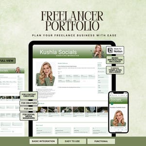 Può includere: Un modello di portfolio digitale per freelance su Notion con una combinazione di colori verde e bianco. Il layout mostra un profilo per Kushla Socials, creative marketer, con sezioni per content creator, creativi, UGC e social media manager.