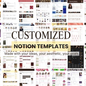 Puede incluir: Un collage de varios diseños de paneles digitales e interfaces de sitios web con el texto CUSTOMIZED NOTION TEMPLATES. Debajo del texto principal, la frase Made with your ideas, your aesthetic, your goals aparece en fuente negra.