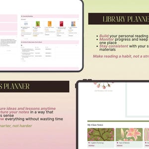 May include: A digital library and notes planner interface displayed on two tablets. The library planner features a reading tracker, book list, and quotes section. The notes planner includes class notes with floral imagery and study progress trackers.