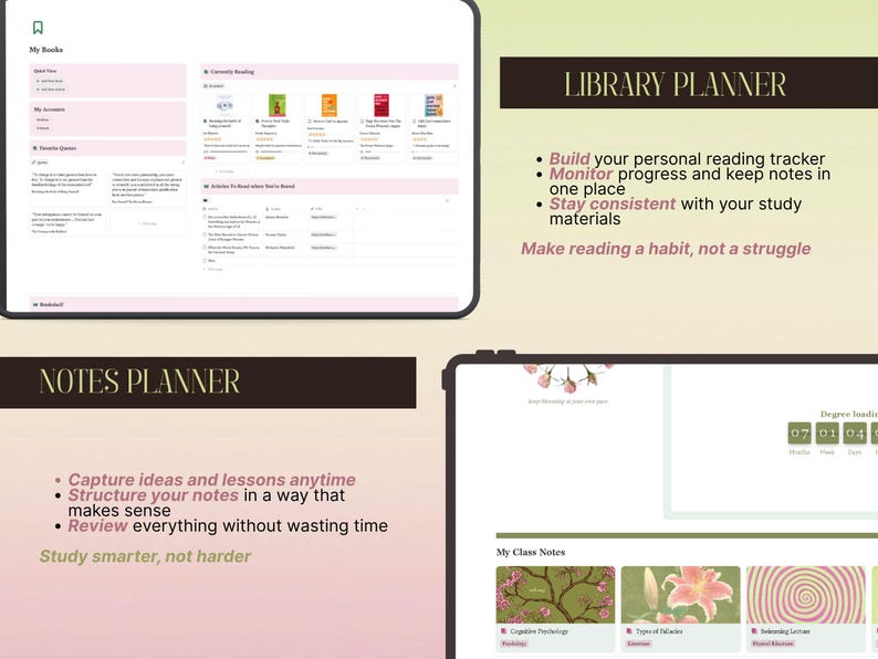 May include: A digital library and notes planner interface displayed on two tablets. The library planner features a reading tracker, book list, and quotes section. The notes planner includes class notes with floral imagery and study progress trackers.