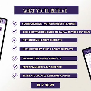 May include: Digital product advertisement with a purple and white color scheme. The text "WHAT YOU'LL RECEIVE" is at the top, followed by a list of included items, such as a Notion student planner and Canva templates. Two tablets display the product.