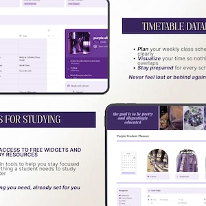 May include: A digital planner interface with a purple theme. The screen displays a timetable, study tools, and a database. Text includes "Timetable Database" and "Tools for Studying."