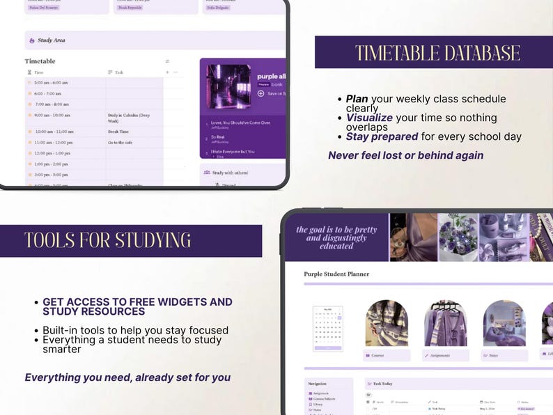 May include: A digital planner interface with a purple theme. The screen displays a timetable, study tools, and a database. Text includes "Timetable Database" and "Tools for Studying."