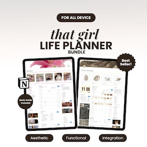 Puede incluir: Dos tabletas digitales que muestran un paquete de planificador de vida. El texto dice "that girl LIFE PLANNER BUNDLE" con texto adicional: "FOR ALL DEVICE", "Basic Guide Included", "Aesthetic", "Functional" e "Integration". Una tableta tiene una insignia de "Best Seller!"