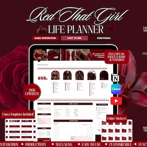 以下が含まれることがあります： Red That Girlというタイトルのデジタルライフプランナー。ダークレッドの配色にバラとユリのアクセントが特徴です。インターフェースには、デイリーアジェンダ、月間カレンダー、タスクリストが表示されています。30ページ、2026年版アップデート、Canvaテンプレート、フォルダー用ステッカーが含まれています。