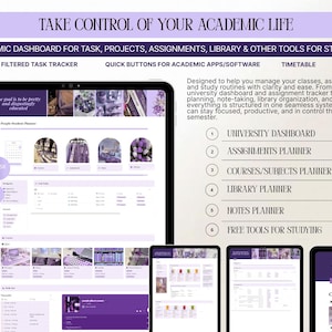 May include: A digital academic planner interface with a purple and white color scheme. The interface includes sections for tasks, assignments, and library tools. Text on the screen reads "Take Control of Your Academic Life."