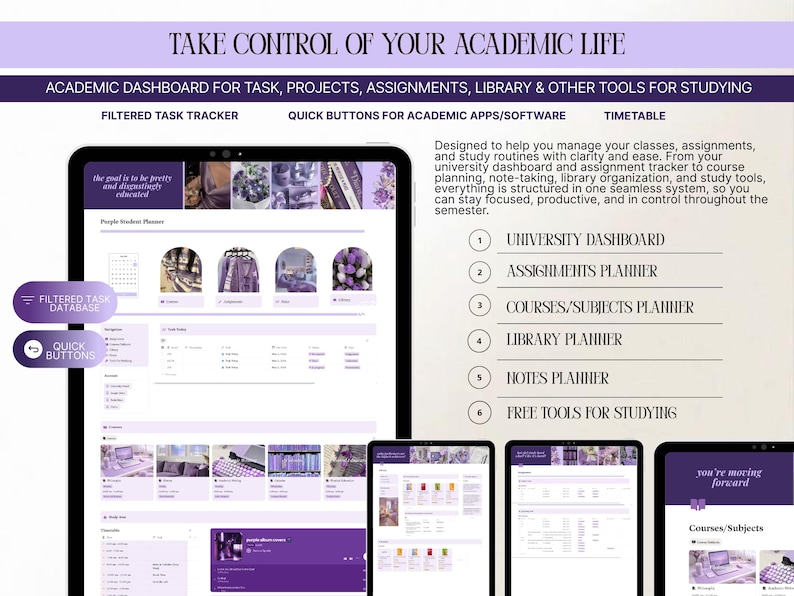 May include: A digital academic planner interface with a purple and white color scheme. The interface includes sections for tasks, assignments, and library tools. Text on the screen reads "Take Control of Your Academic Life."