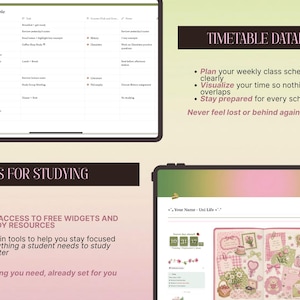 May include: A digital study planner interface featuring a Study Timetable with columns for time, tasks, and notes. The layout includes text headers like Timetable Database and Tools for Studying, alongside bulleted lists and a digital scrapbook page.