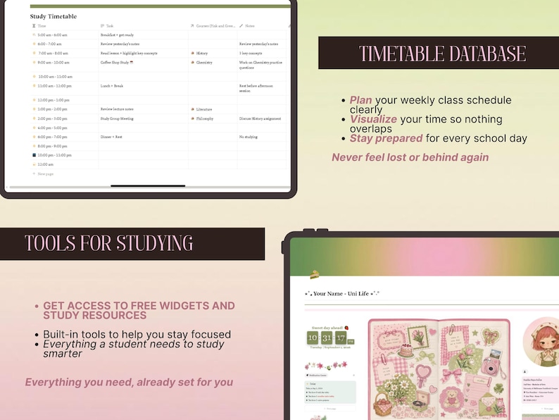 May include: A digital study planner interface featuring a Study Timetable with columns for time, tasks, and notes. The layout includes text headers like Timetable Database and Tools for Studying, alongside bulleted lists and a digital scrapbook page.