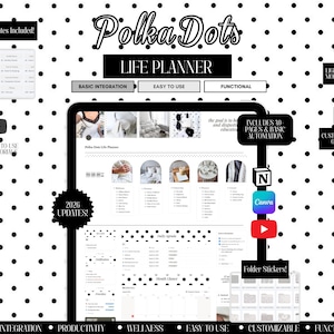 以下が含まれることがあります： 白黒テーマのPolka Dotsライフプランナーデジタルテンプレート。30ページ、基本自動化機能、2026年アップデートが含まれます。Canvaテンプレート、ビデオチュートリアル、ライト・ダークモード切り替え、カスタマイズ可能なフォルダー用ステッカーが付属しています。