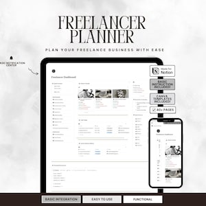 Puede incluir: Un panel digital Freelancer Planner mostrado en una pantalla de tableta y teléfono inteligente. La interfaz incluye secciones para listas de tareas, seguimiento de proyectos y un centro de notificaciones. Las etiquetas incluyen Made for Notion, Basic Instruction Included, Canva Templates Included y 40+ Pages.