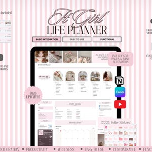 May include: A digital It Girl Life Planner interface displayed on a screen, featuring a pink and white striped background. The layout includes sections for daily agendas, monthly planners, and folder stickers, with text labels like Basic Integration and 2026 Updates.