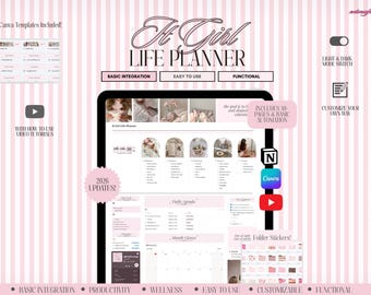Puede incluir: Una interfaz digital It Girl Life Planner mostrada en una pantalla, con un fondo de rayas rosas y blancas. El diseño incluye secciones para agendas diarias, planificadores mensuales y pegatinas de carpetas, con etiquetas como Basic Integration y 2026 Updates.