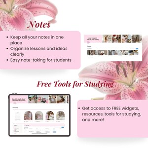 Peut inclure: Une aide &agrave; l'&eacute;tude num&eacute;rique avec les textes &laquo; Notes &raquo; et &laquo; Free Tools for Studying &raquo; sur un fond rose. L'image comprend une tablette affichant une application d'&eacute;tude, une capture d'&eacute;cran de site Web et des puces d&eacute;crivant des fonctionnalit&eacute;s.