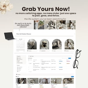 以下が含まれることがあります： 「Grab Yours Now!」と「That Girl Student Planner」のテキストが表示されたデジタルプランナーインターフェース。インターフェースには、カレンダー、タスク、コースのセクションが含まれています。ラップトップと眼鏡も表示されています。