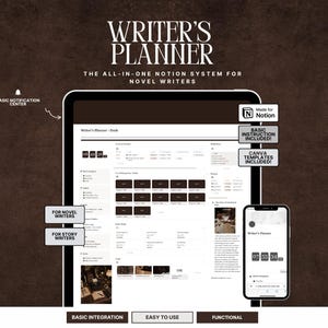 Peut inclure: Un système Notion Writer's Planner numérique affiché sur une tablette et un smartphone. L'interface présente du texte brun foncé et blanc, incluant des étiquettes comme Basic Notification Center, For Novel Writers, For Story Writers et Made for Notion.