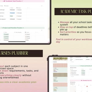 May include: An academic task planner and courses planner digital interface. The layout includes an academic task tracker, project and priorities tracker, and a courses planner with text headers and bulleted lists detailing organizational features.